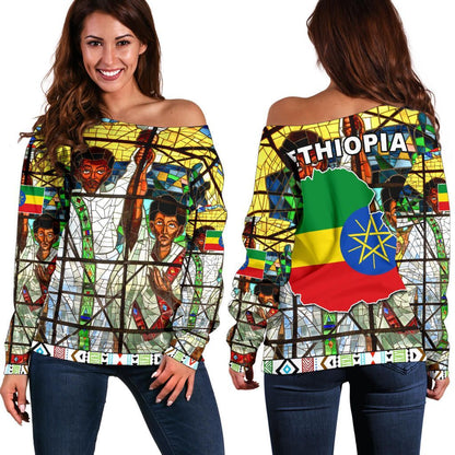 Ethiopia Off Shoulder Sweater Ethiopian Orthodox Flag Women