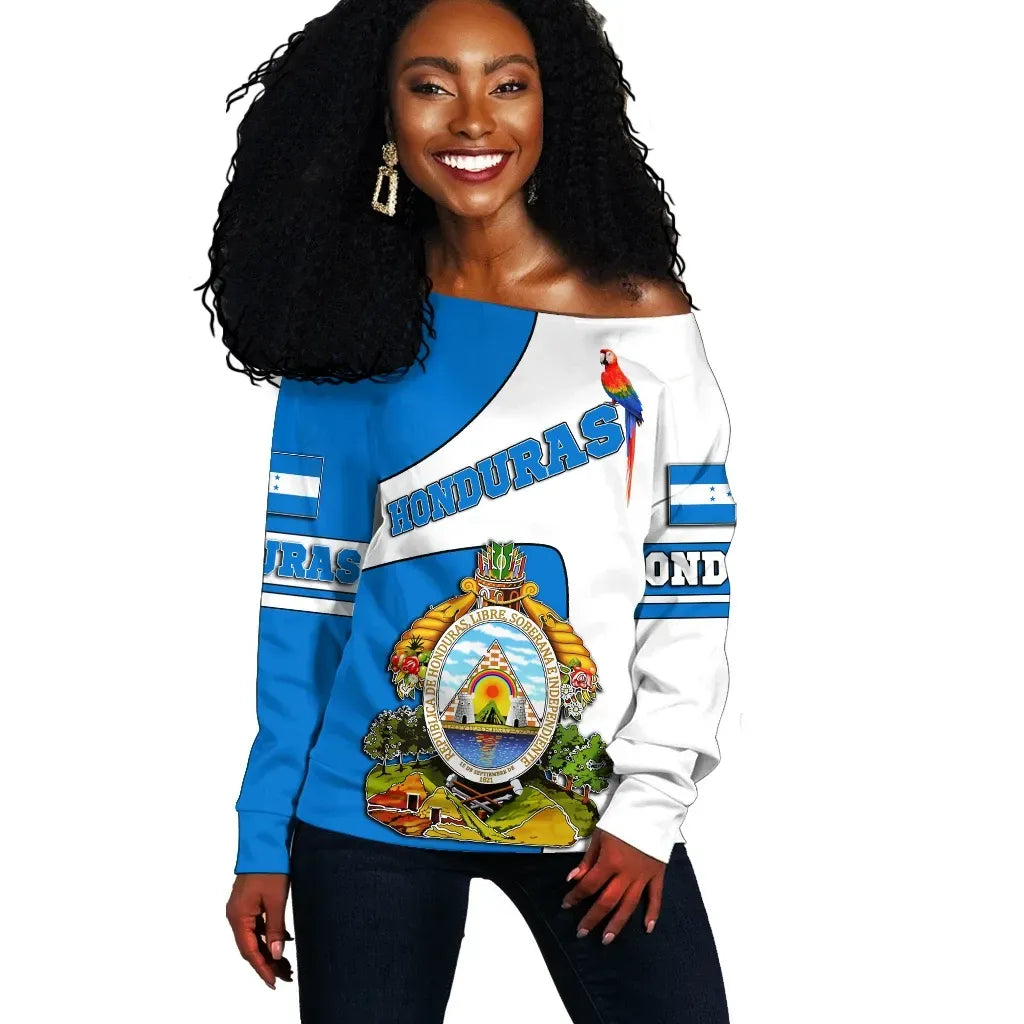 Honduras Off Shoulder Sweater Flag and Coat of Arms