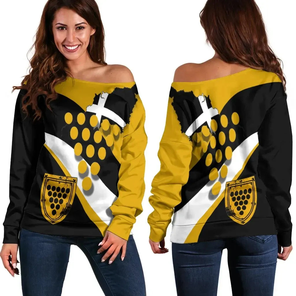 Cornwall Celtic Women's Off Shoulder Sweater Cornish Flag With Duke of Cornwall Version 2