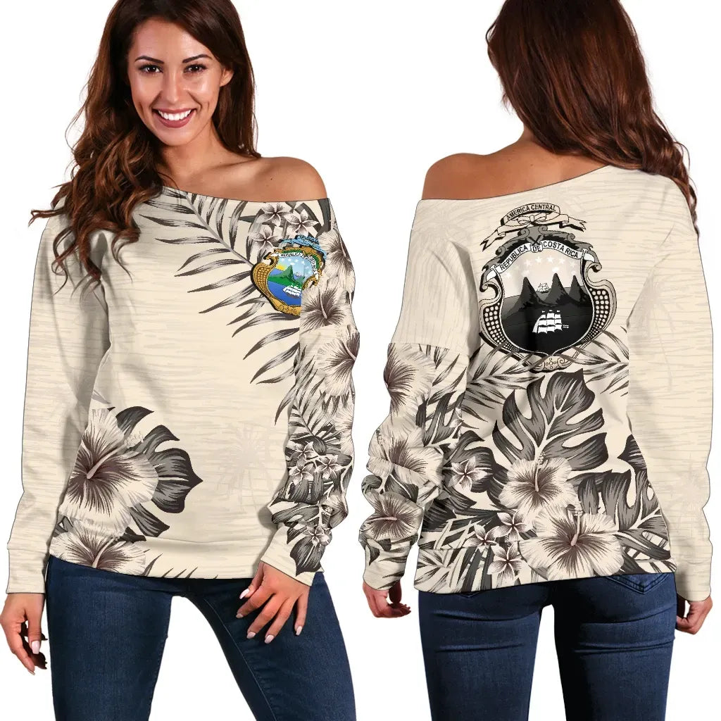 Costa Rica The Beige Hibiscus Off Shoulder Sweater