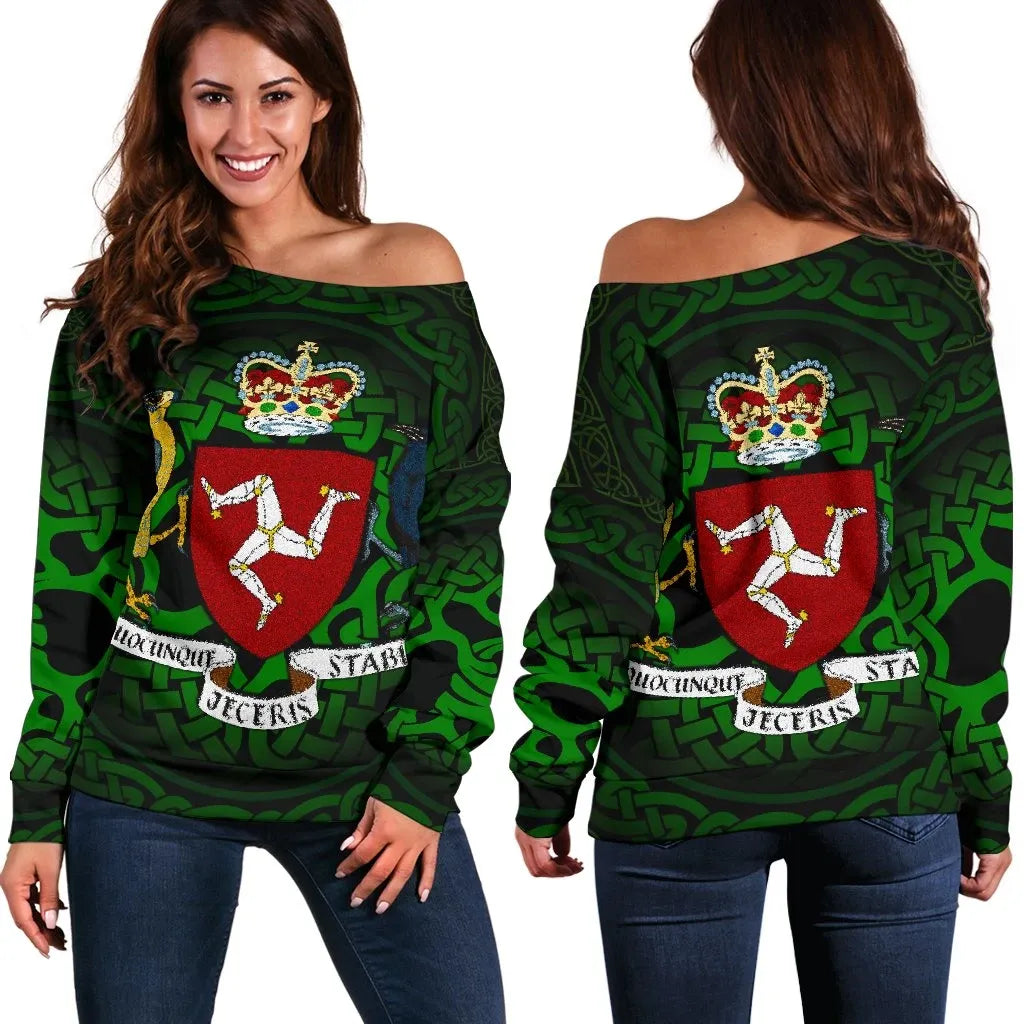 Celtic Women's Off Shoulder Sweater Isle of Man Celtic Coat of Arms