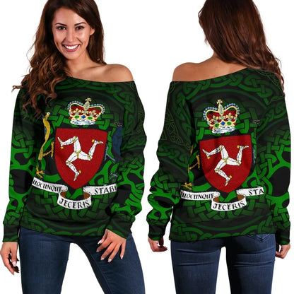 Celtic Women's Off Shoulder Sweater Isle of Man Celtic Coat of Arms