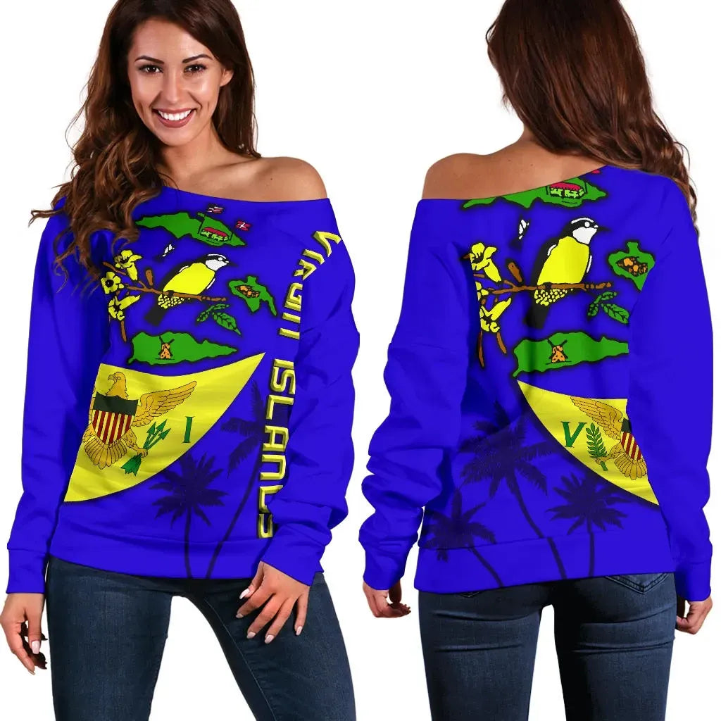 US Virgin Islands Off Shoulder Sweater Tank Flag Over Ocean