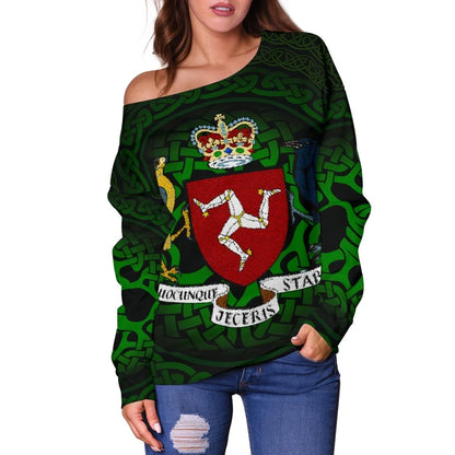 Celtic Women's Off Shoulder Sweater Isle of Man Celtic Coat of Arms