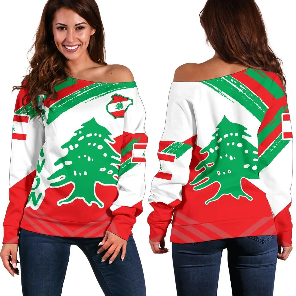 Lebanon Women's Off Shoulder Sweater Lebanon Flag Polygon Style 24