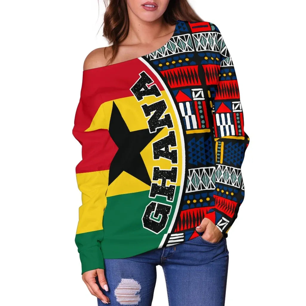 Ghana Women's Off Shoulder Sweater Flag & Kente Pattern Special