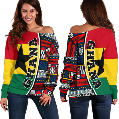Ghana Women's Off Shoulder Sweater Flag & Kente Pattern Special
