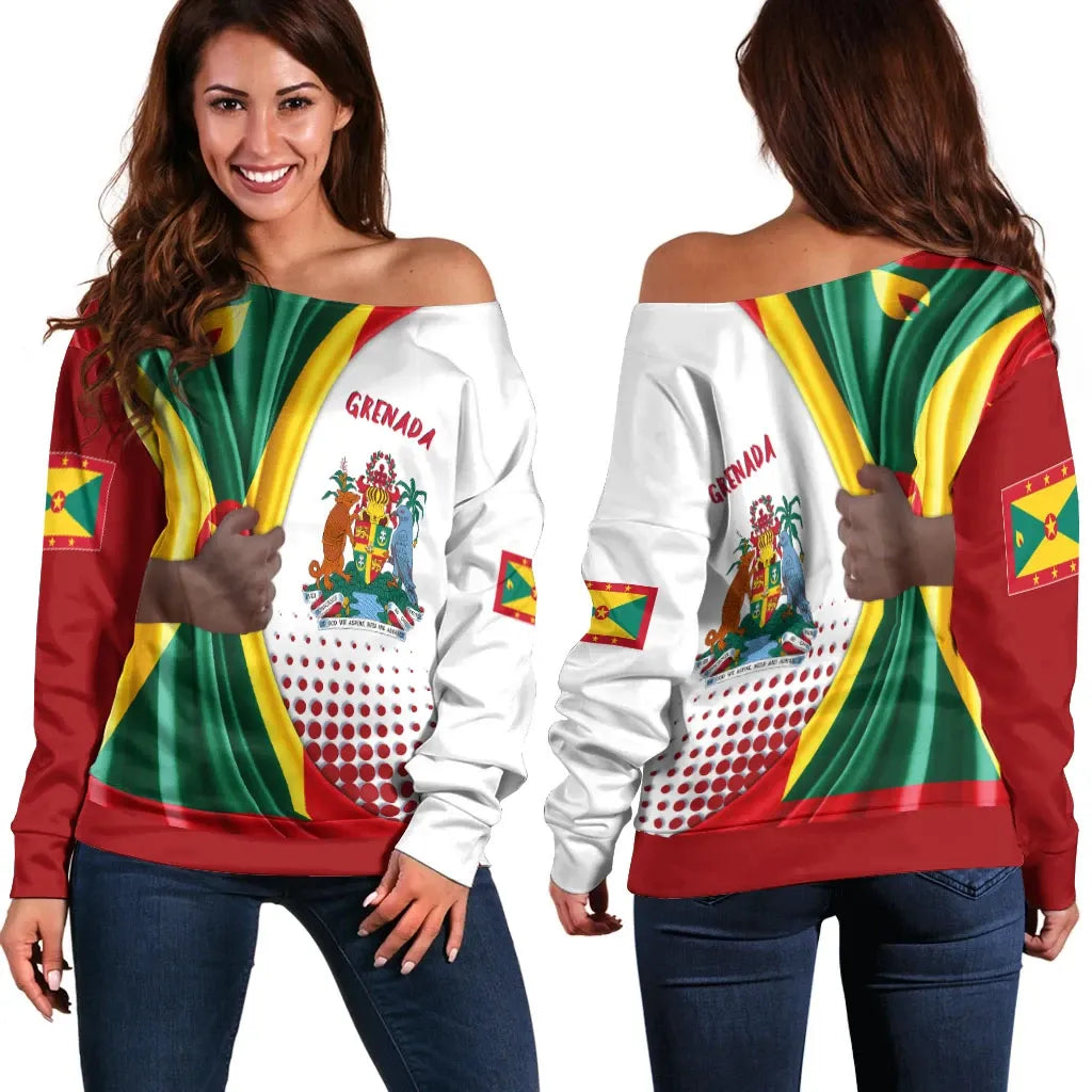 Grenada Women's Off Shoulder Sweater Grenada Flag And Coat Of Arms