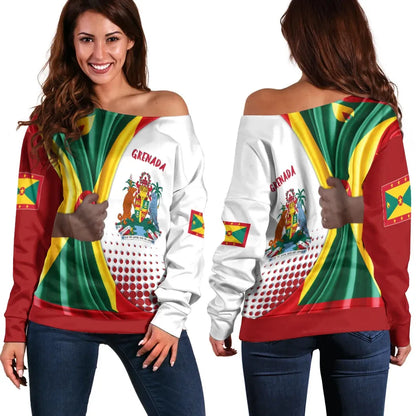 Grenada Women's Off Shoulder Sweater Grenada Flag And Coat Of Arms