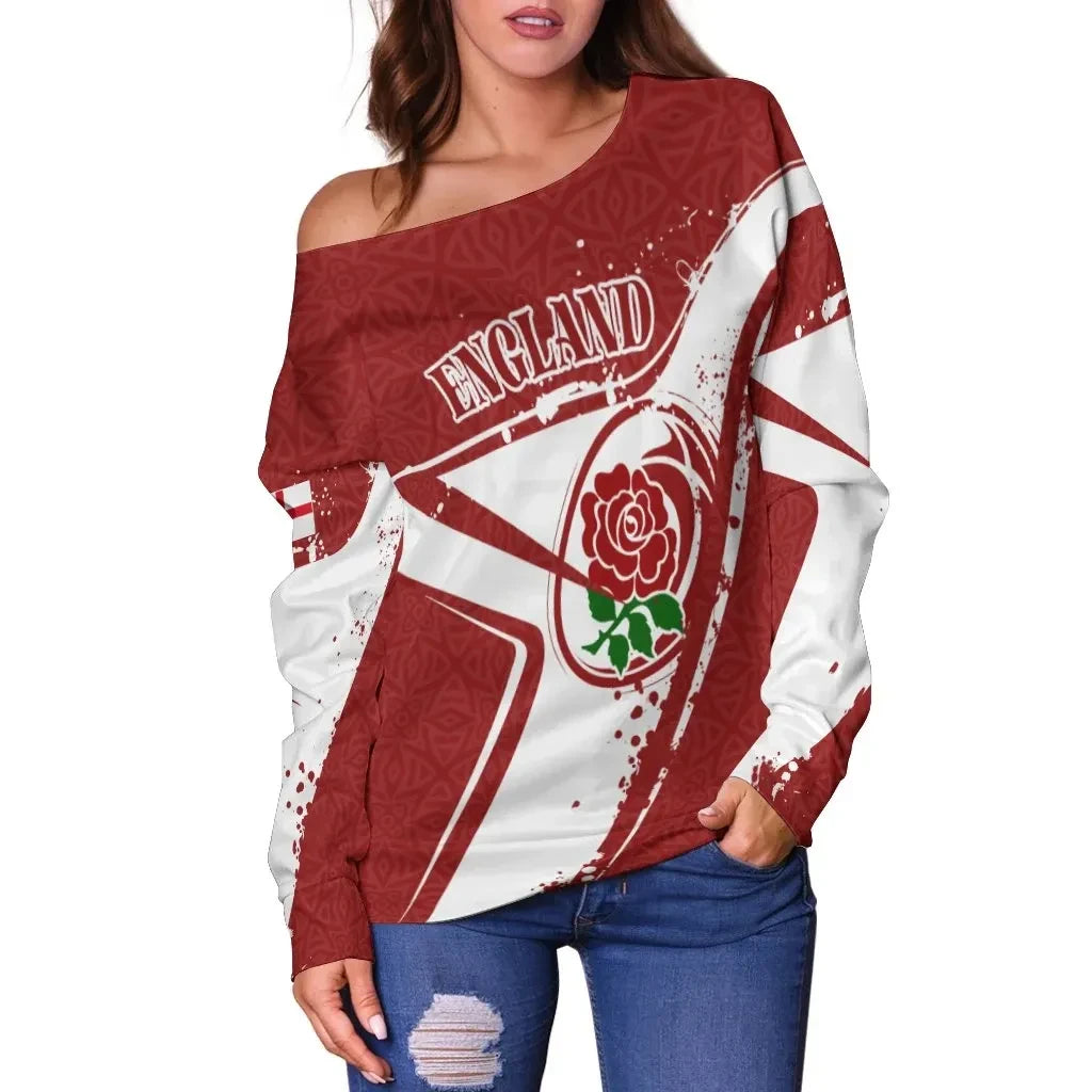 Custom Text England Rugby Personalised Women's Off Shoulder Sweater England Rugby