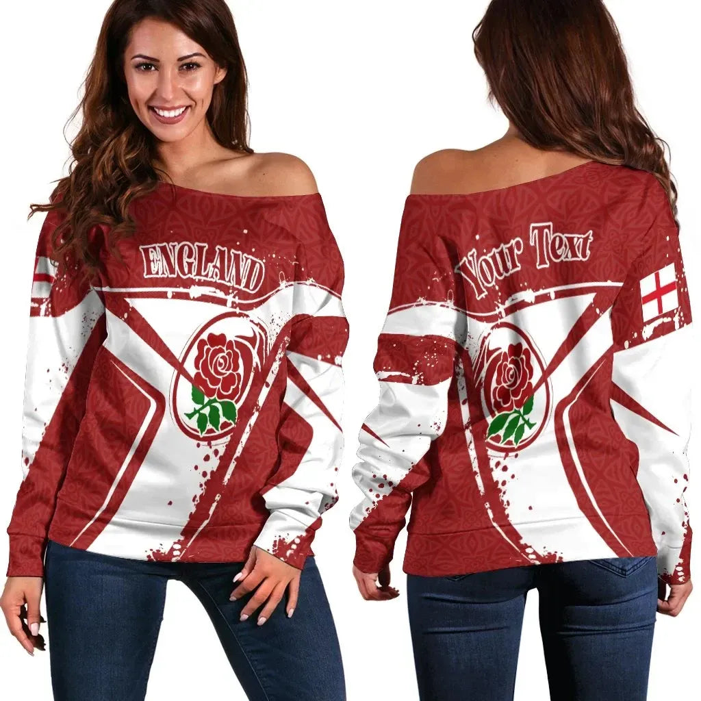 Custom Text England Rugby Personalised Women's Off Shoulder Sweater England Rugby