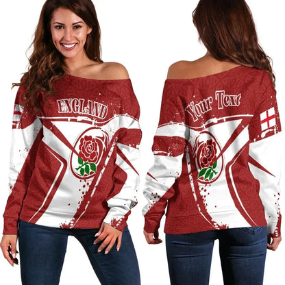 Custom Text England Rugby Personalised Women's Off Shoulder Sweater England Rugby