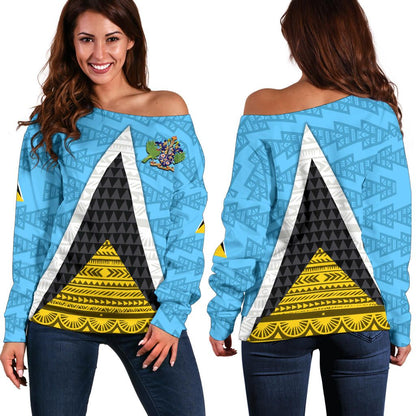 Saint Lucia Flag Off Shoulder Sweater Triangle Cerulean Blue