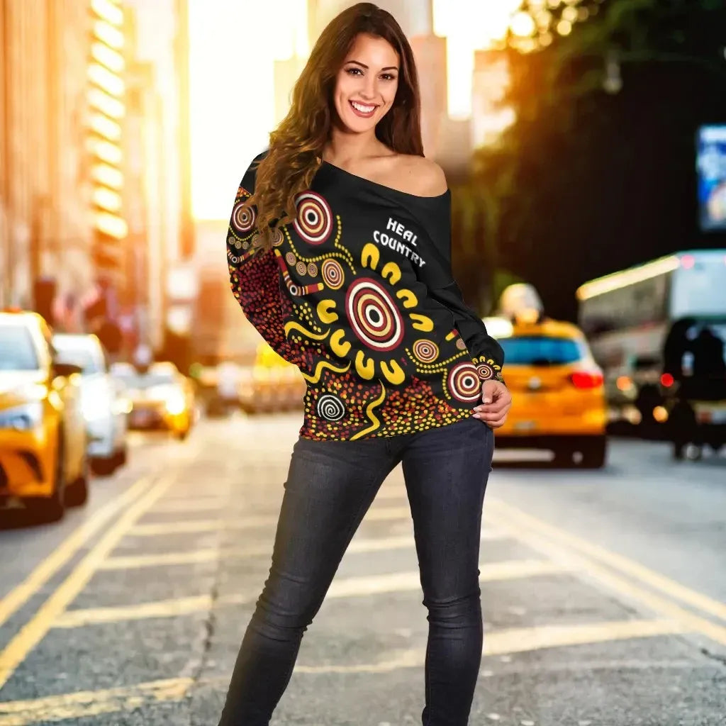 Australia Naidoc Week Women's Off Shoulder Sweater Naidoc Week 2021 Heal Country