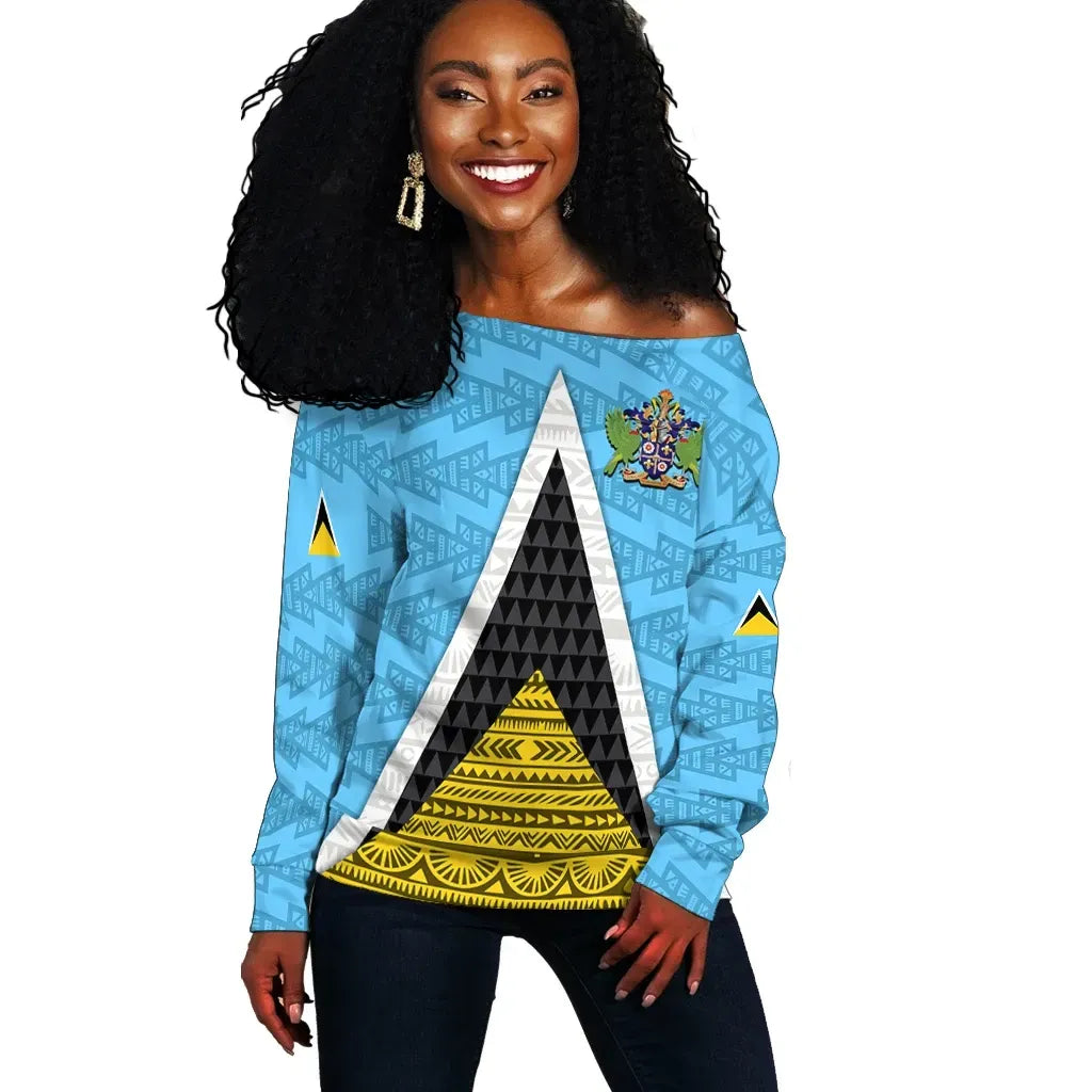 Saint Lucia Flag Off Shoulder Sweater Triangle Cerulean Blue