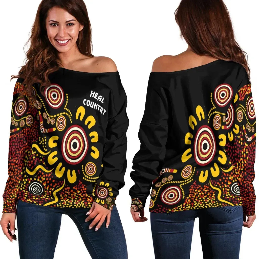 Australia Naidoc Week Women's Off Shoulder Sweater Naidoc Week 2021 Heal Country