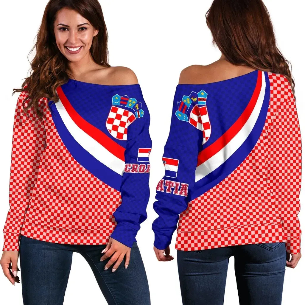 Croatia Women's Off Shoulder Sweater Croatia Coat Of Arms and Flag Color
