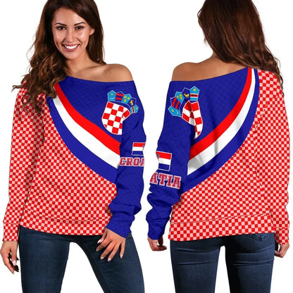 Croatia Women's Off Shoulder Sweater Croatia Coat Of Arms and Flag Color