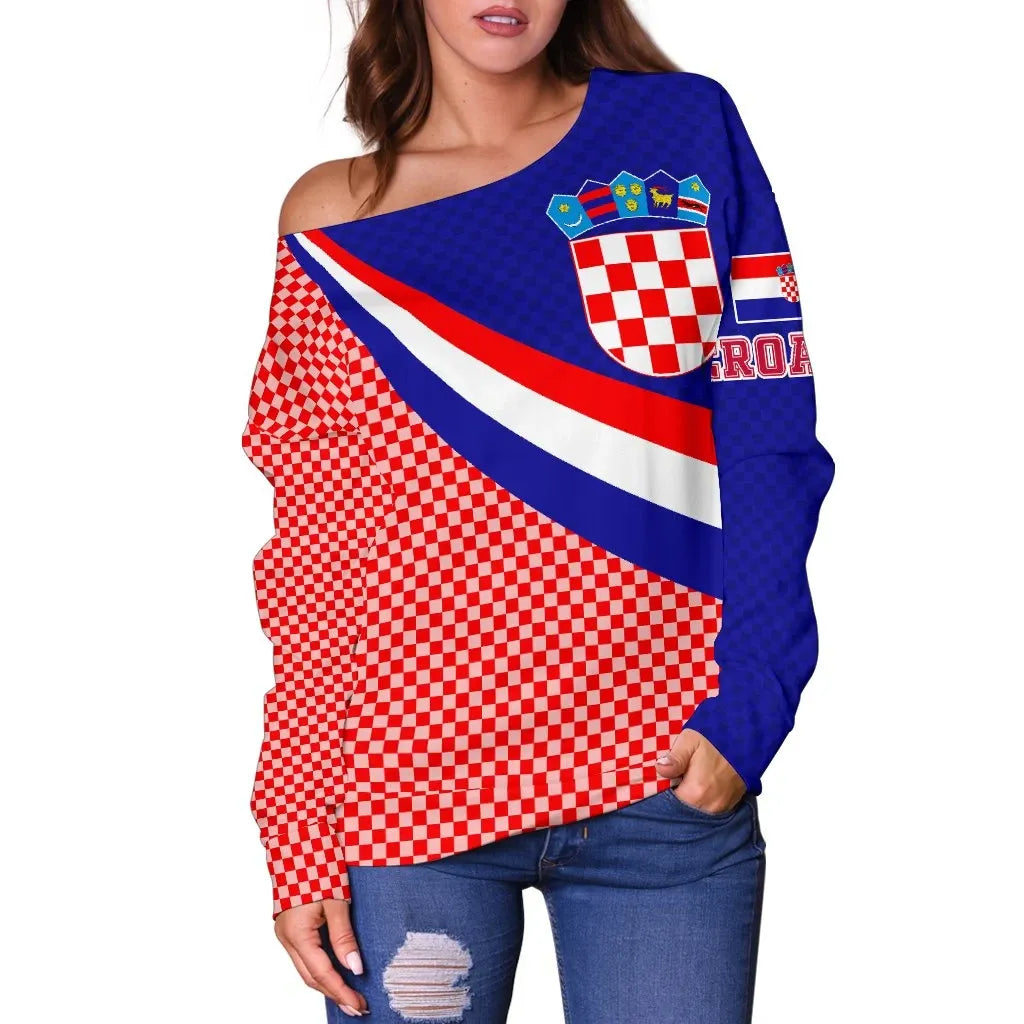 Croatia Women's Off Shoulder Sweater Croatia Coat Of Arms and Flag Color