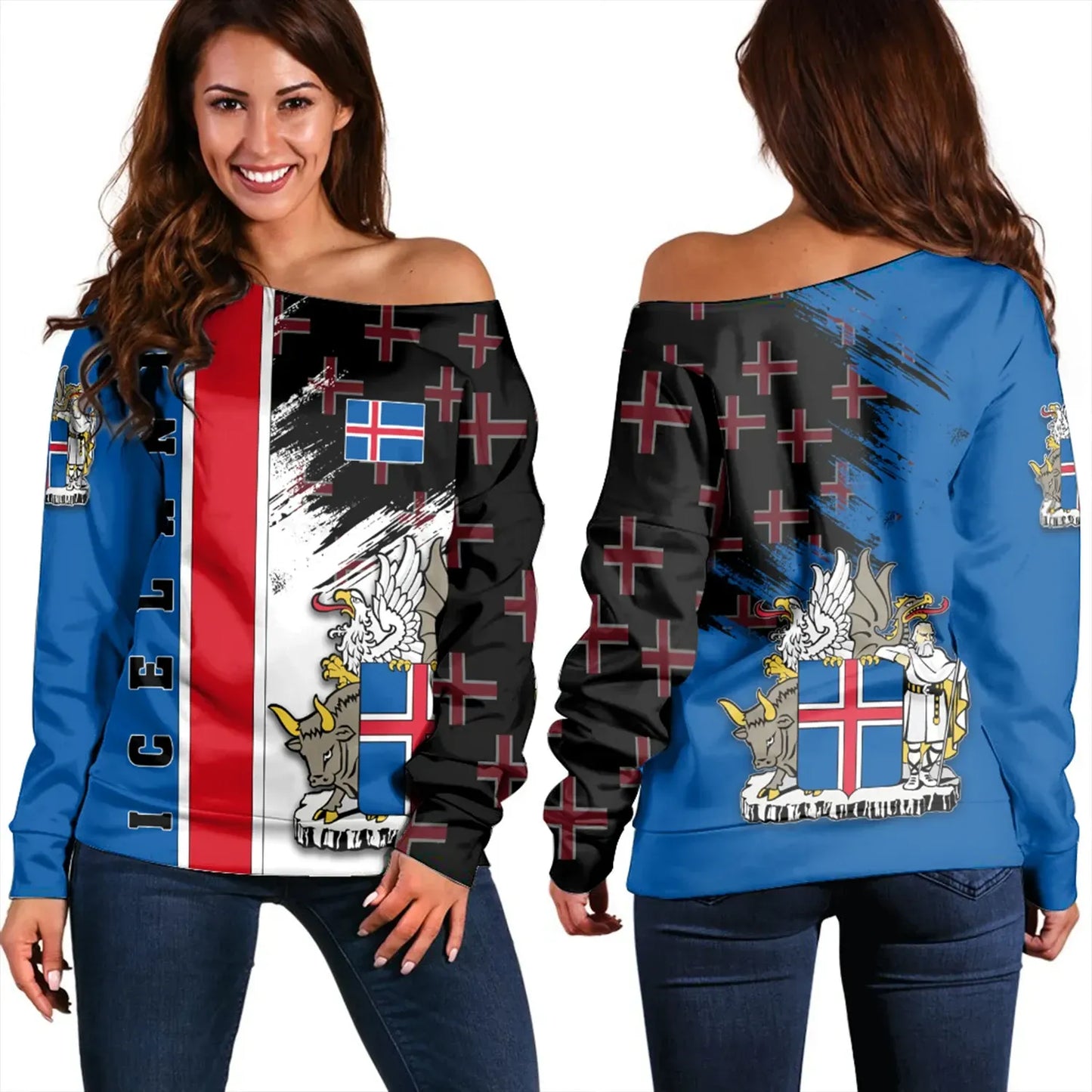 Iceland Coat Of Arms Women's Off Shoulder Sweater Flag Style JH