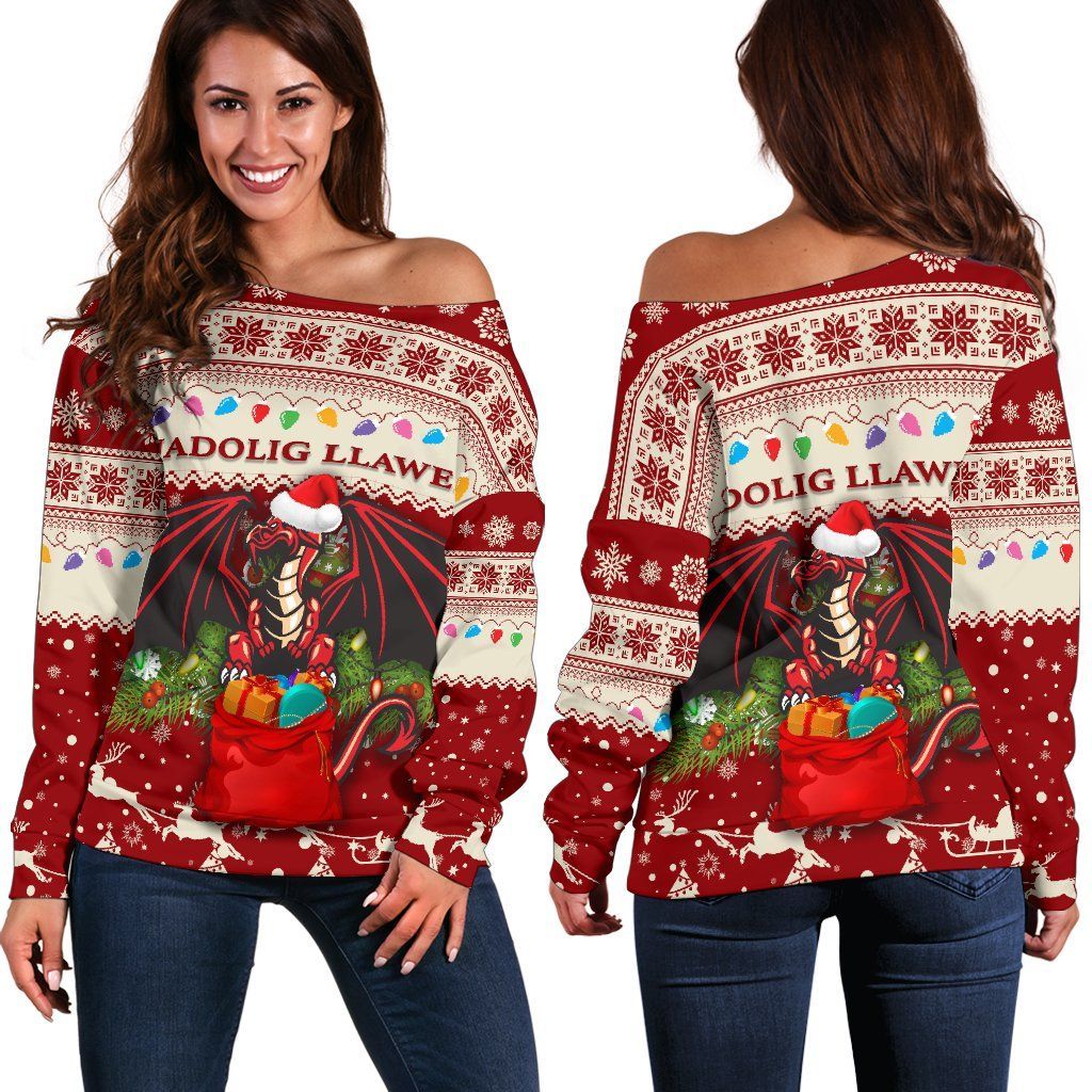 Cymru Christmas Women Off Shoulder Sweater Warm Vibes Red