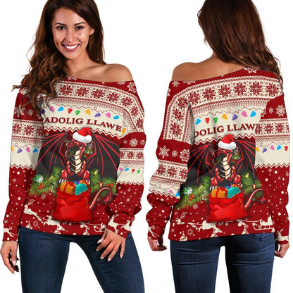 Cymru Christmas Women Off Shoulder Sweater Warm Vibes Red