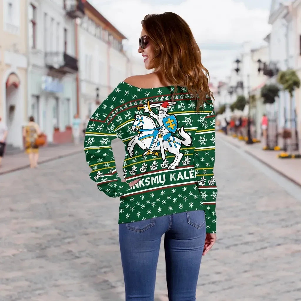 Lithuania Christmas Off Shoulder Sweater Green Th0