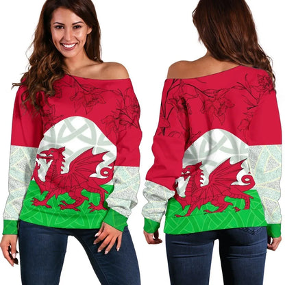 Wales Celtic Women's Off Shoulder Sweater Cymru combined Daffodil