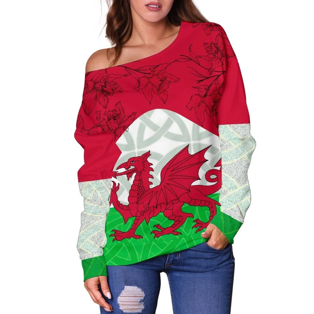 Wales Celtic Women's Off Shoulder Sweater Cymru combined Daffodil