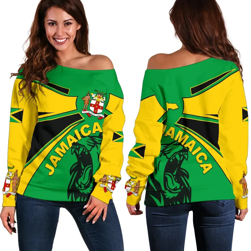 Jamaica Off Shoulder Sweaters Jamaica Round Coat Of Arms Lion Women