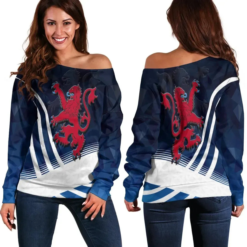 Scotland Women's Off Shoulder Sweater Scottish Flag Lion Polygon Style