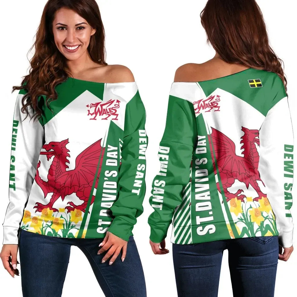 Women's Off Shoulder Sweater St. David's Day Wales