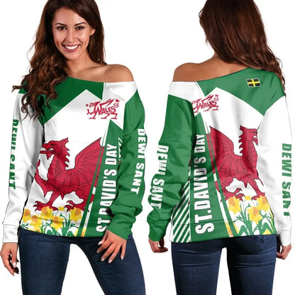 Women's Off Shoulder Sweater St. David's Day Wales