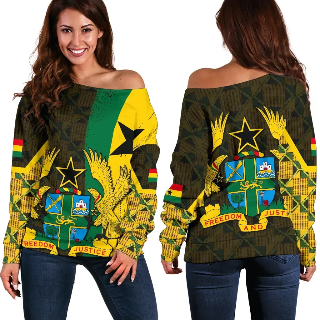 Ghana Coat Of Arm Kente Women's Off Shoulder Sweater