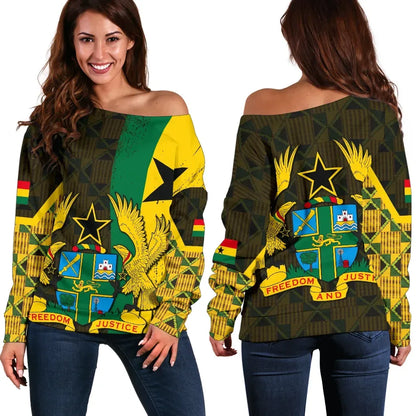 Ghana Coat Of Arm Kente Women's Off Shoulder Sweater