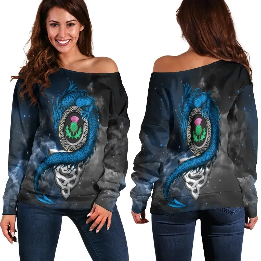 Scotland Celtic Women's Off Shoulder Sweater Dragon & Thistle With Celtic