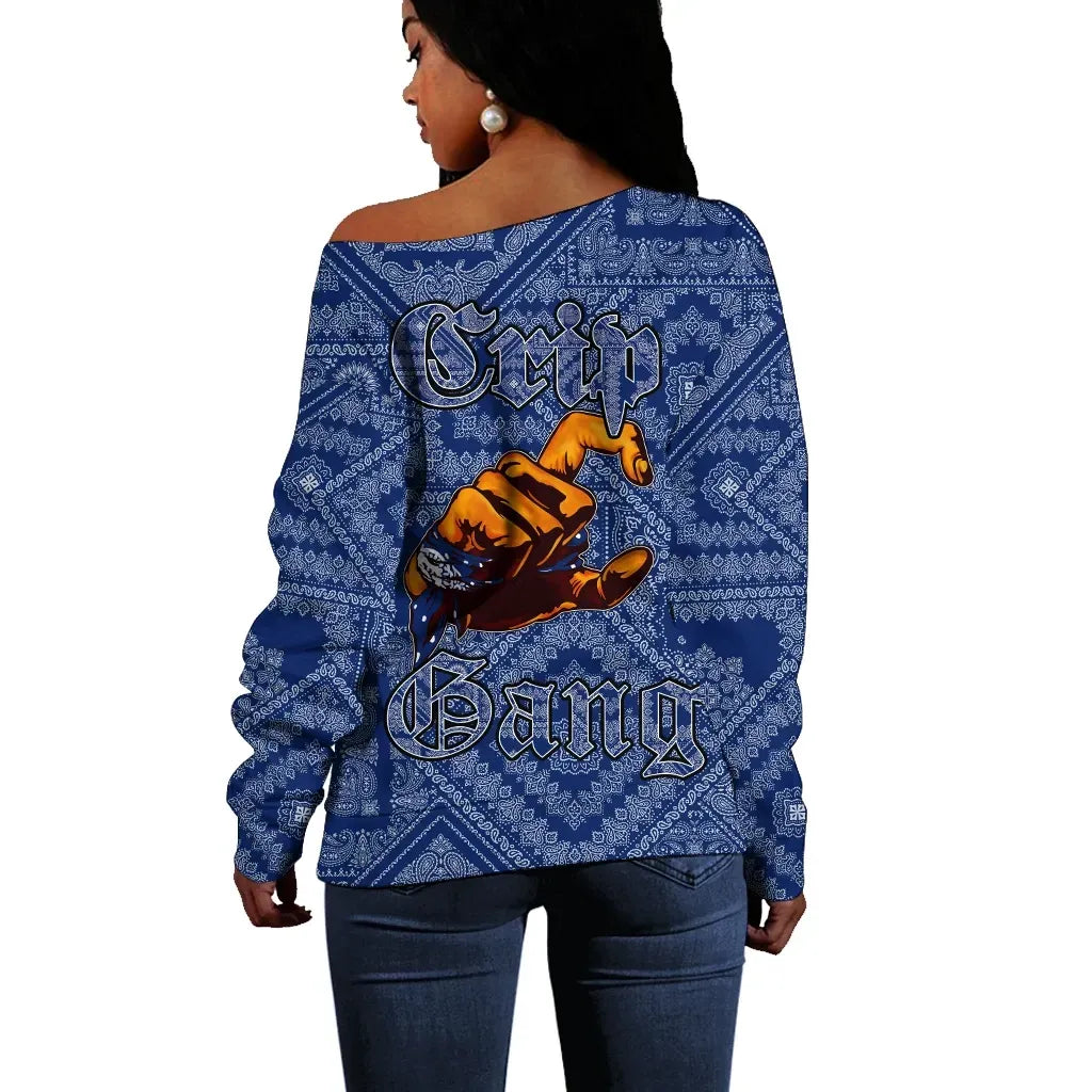 Crips Gang Bulldog Off Shoulder Sweater Blue Paisley