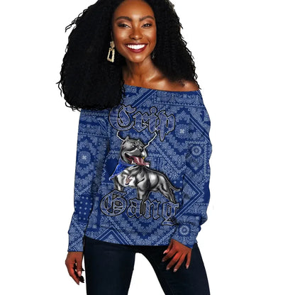 Crips Gang Bulldog Off Shoulder Sweater Blue Paisley