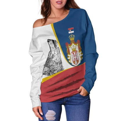 Serbia Women's Off Shoulder Sweater Flag of Serbia