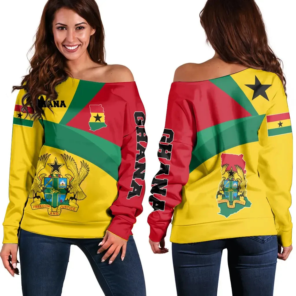 Ghana Off Shoulder Sweater Ghana Flag Maps Yellow