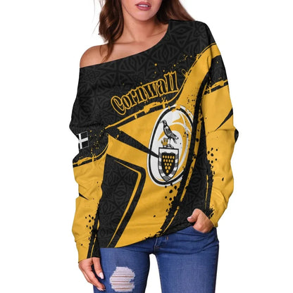 Custom Text Cornwall Rugby Personalised Women's Off Shoulder Sweater Cornish Rugby