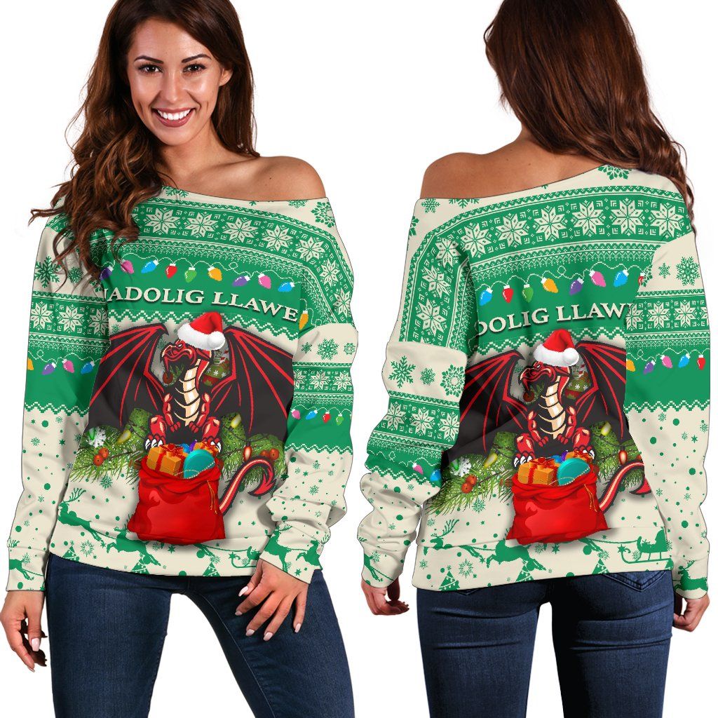 Cymru Christmas Women Off Shoulder Sweater Warm Vibes Beige Green