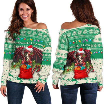 Cymru Christmas Women Off Shoulder Sweater Warm Vibes Beige Green
