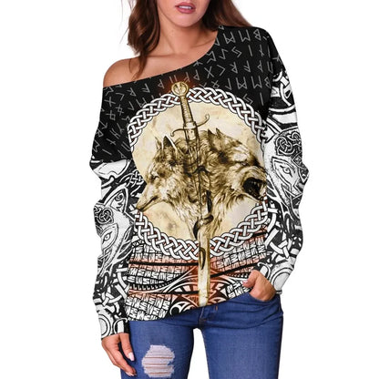 Women Off Shoulder Sweater Wolf and Vikings Tattoo 3D