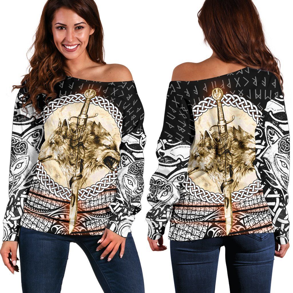 Women Off Shoulder Sweater Wolf and Vikings Tattoo 3D