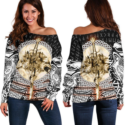 Women Off Shoulder Sweater Wolf and Vikings Tattoo 3D