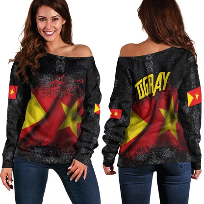 Tigray Women's Off Shoulder Sweater National Flag Grunge Style
