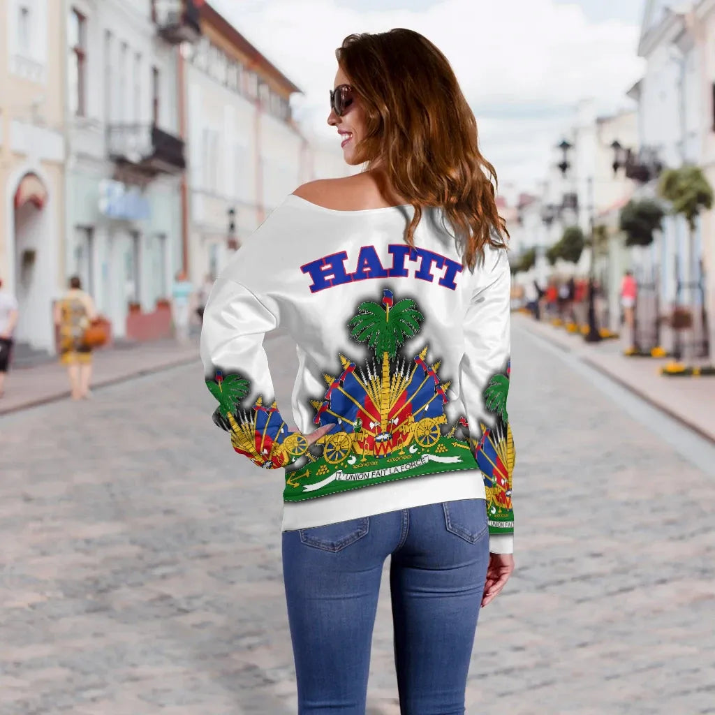 Haiti Off Shoulder Sweater Flag With Coat Of Arm White