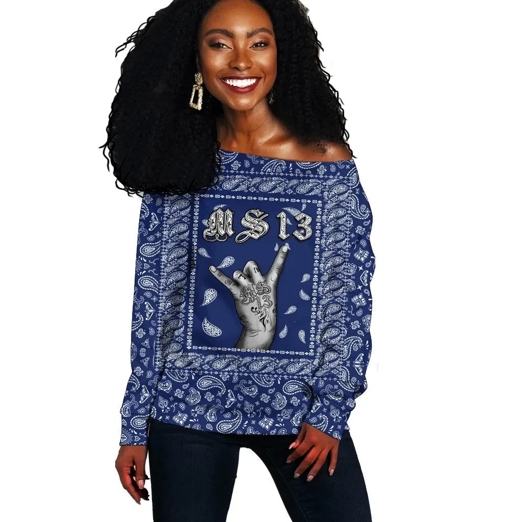 MS,13 Off Shoulder Sweater Blue Bandana