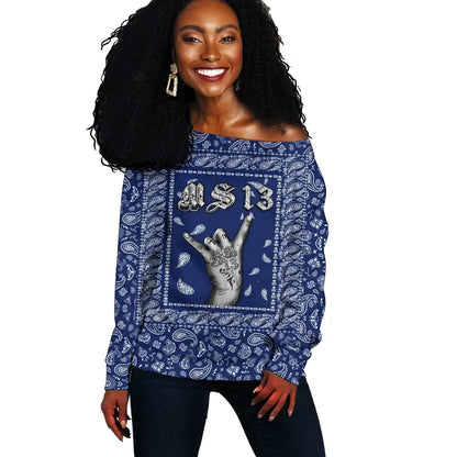 MS,13 Off Shoulder Sweater Blue Bandana